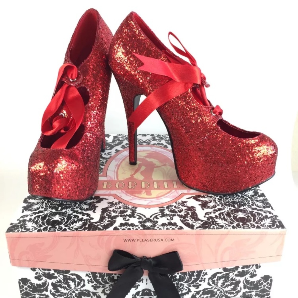 Bordello Teeze Red Glitter Heels SZ 8 NIB NWT
